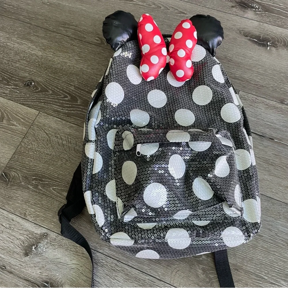 Disney Parks Minnie Mouse Sequin Backpack 3D padded ears Red & white bow